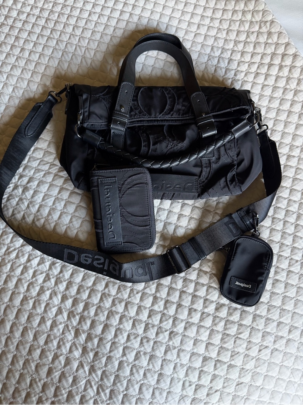 Desigual Black Quilted Nylon Crossbody/Shoulder Bag with matching wallet.